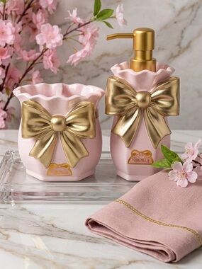 Pink & Gold Bow Bathroom Accessory Set - Brand: Unknown